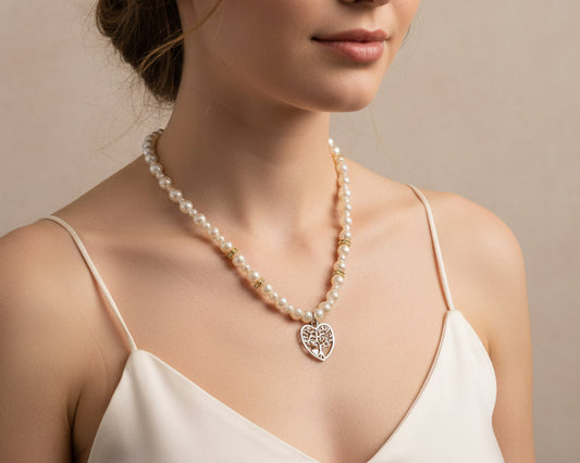 handmade white pearl necklace with silver heart and tree pendant