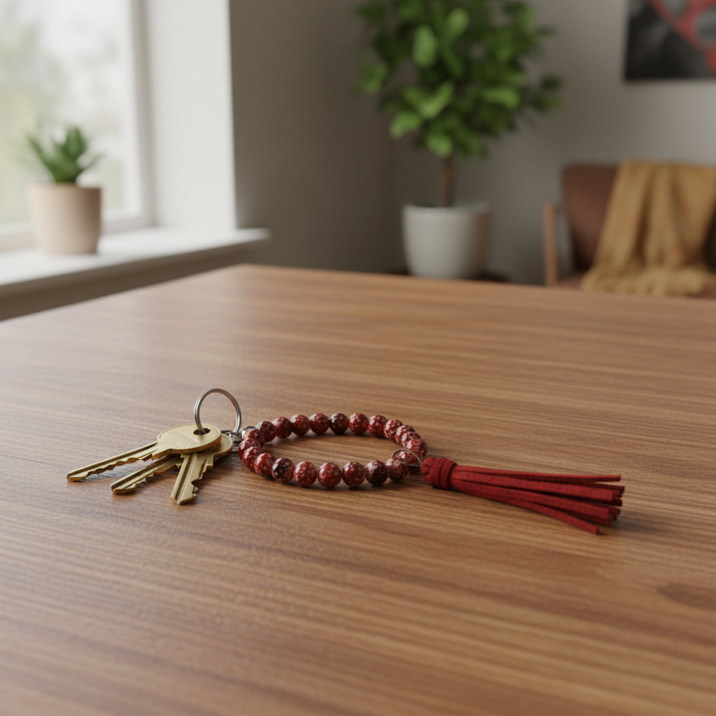 Burgundy beaded keychain with tassel on a white desk
