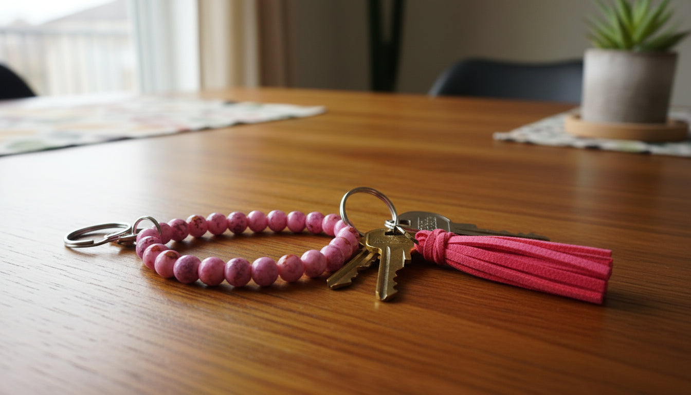 Pink beaded keychain with tassel on a white surface