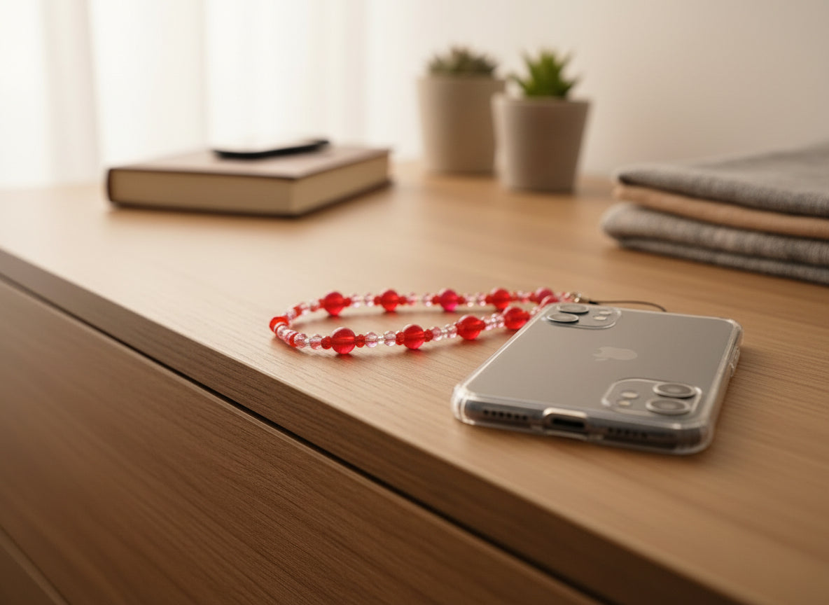 Phone with a red and white beaded strap on a wooden surface