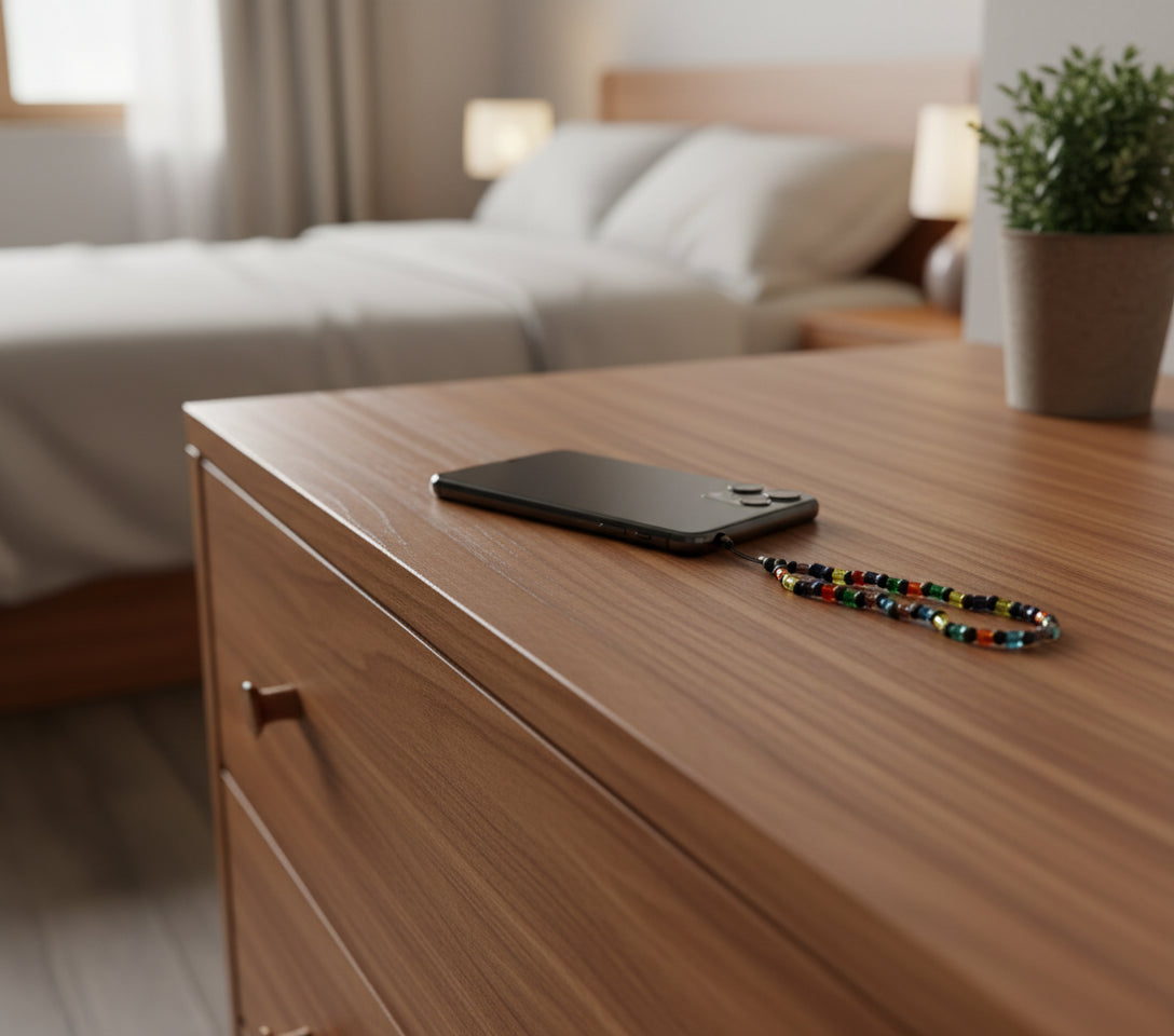 Phone with multicolor beaded strap on a wooden surface