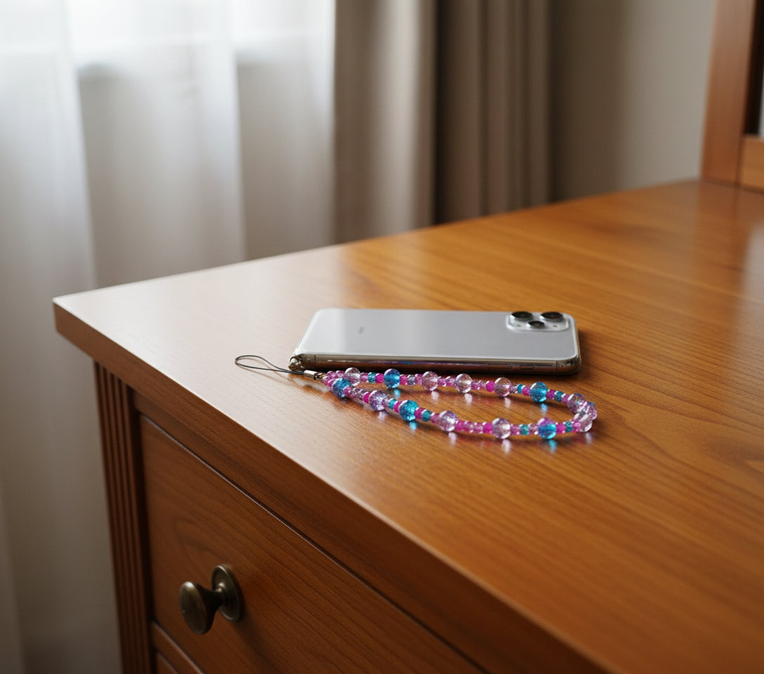 Phone with a colorful beaded strap on a wooden surface