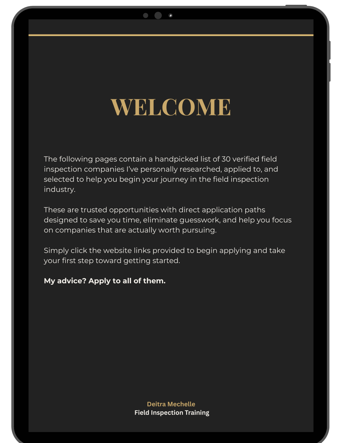 Welcome page for 30 Verified Field Inspection Companies guide with direct application links for field inspectors.