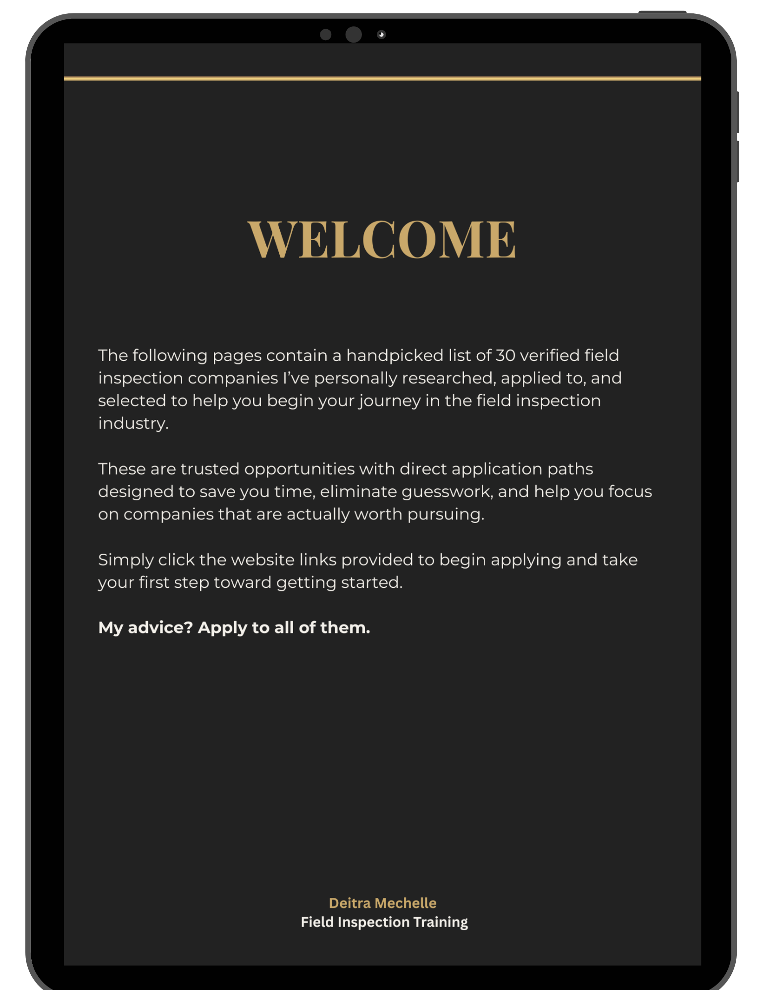 Welcome page for 30 Verified Field Inspection Companies guide with direct application links for field inspectors.