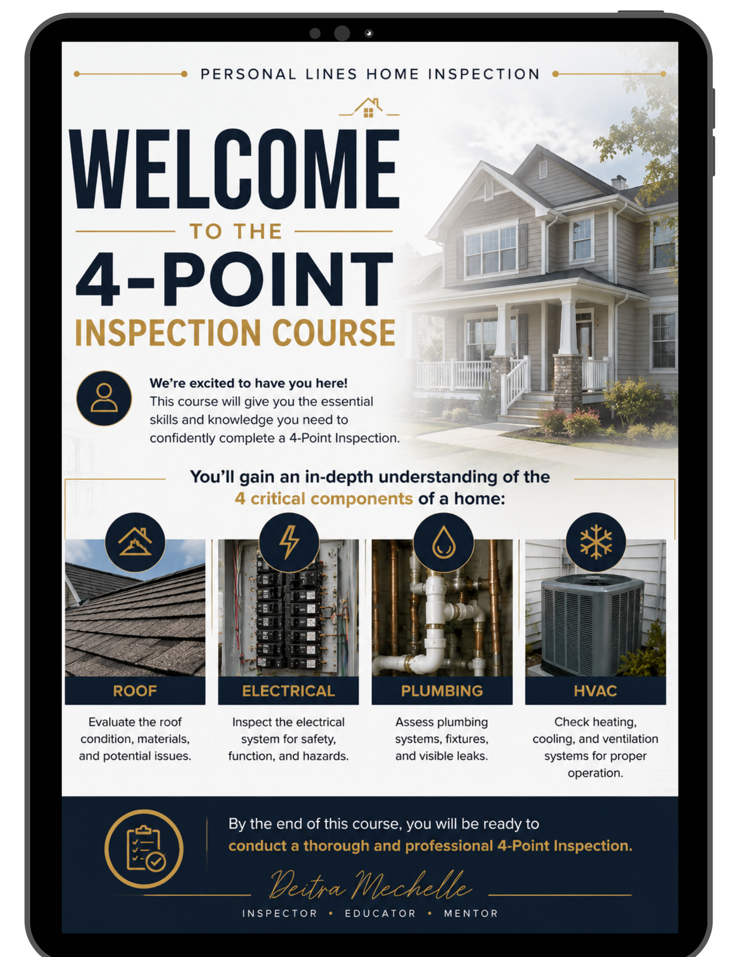 Welcome page for 4-Point Inspection Course showing roof electrical plumbing and HVAC systems for field inspectors.
