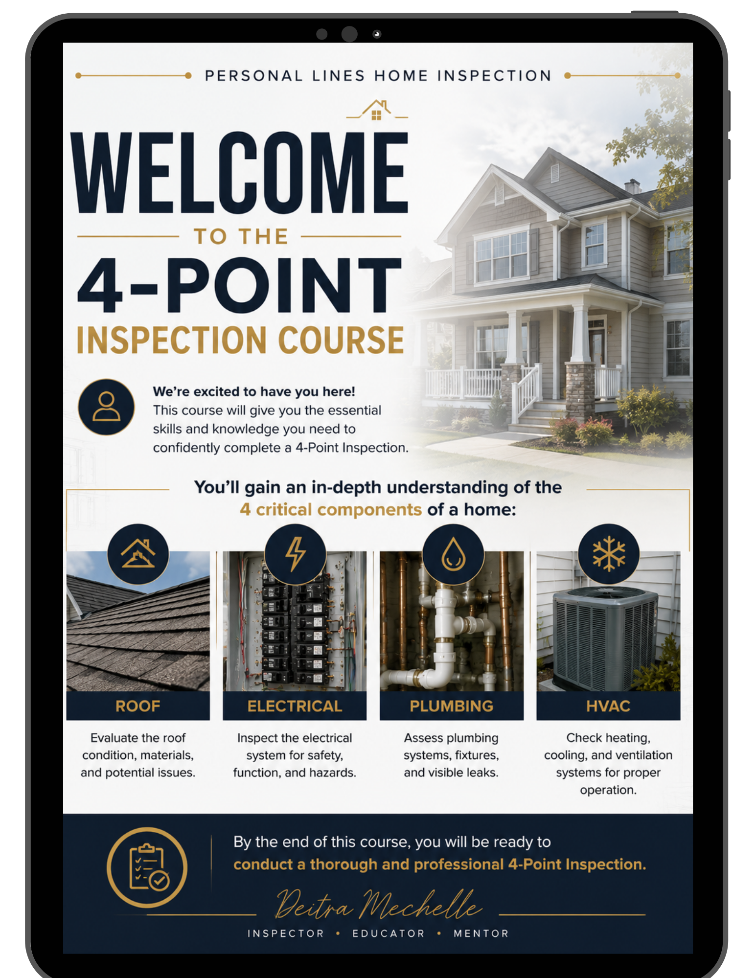 Welcome page for 4-Point Inspection Course showing roof electrical plumbing and HVAC systems for field inspectors.