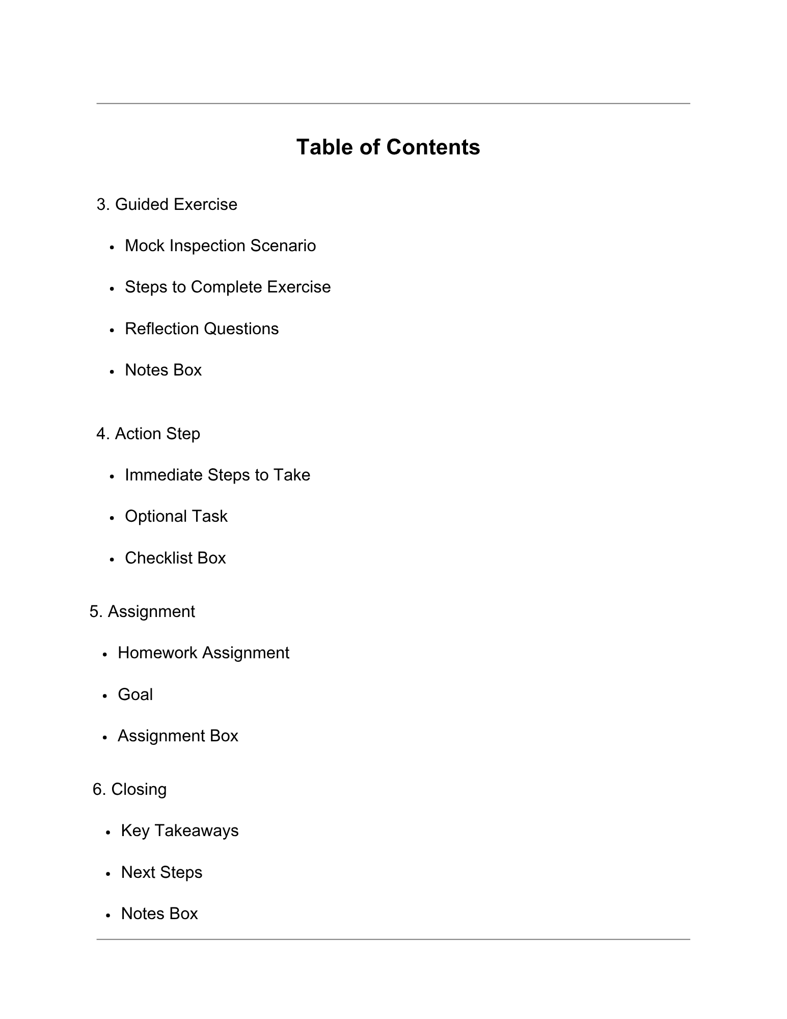Table of contents for a guided exercise and action step document on a white background