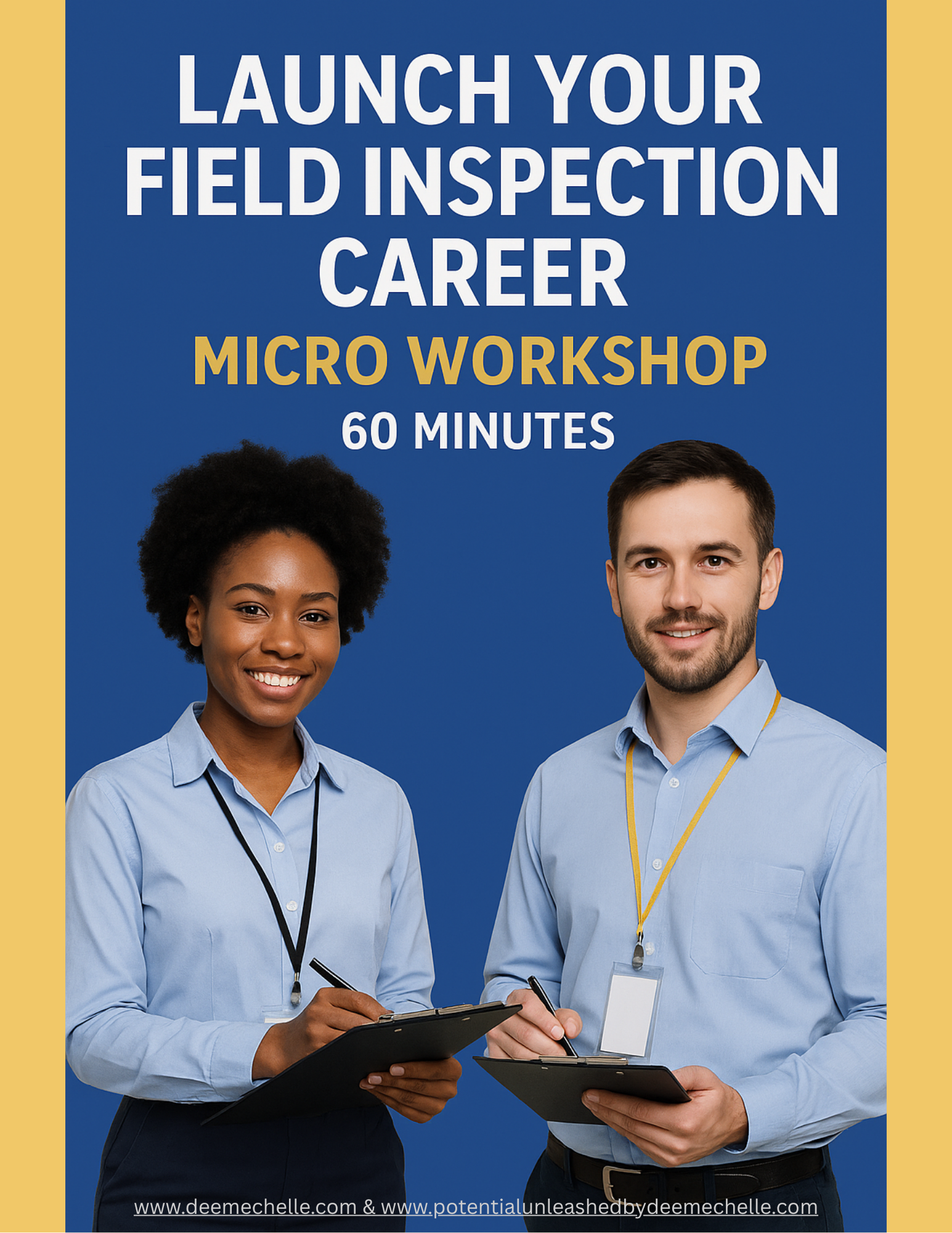 Promotional graphic for a field inspection career workshop with two people holding clipboards against a blue and yellow background.