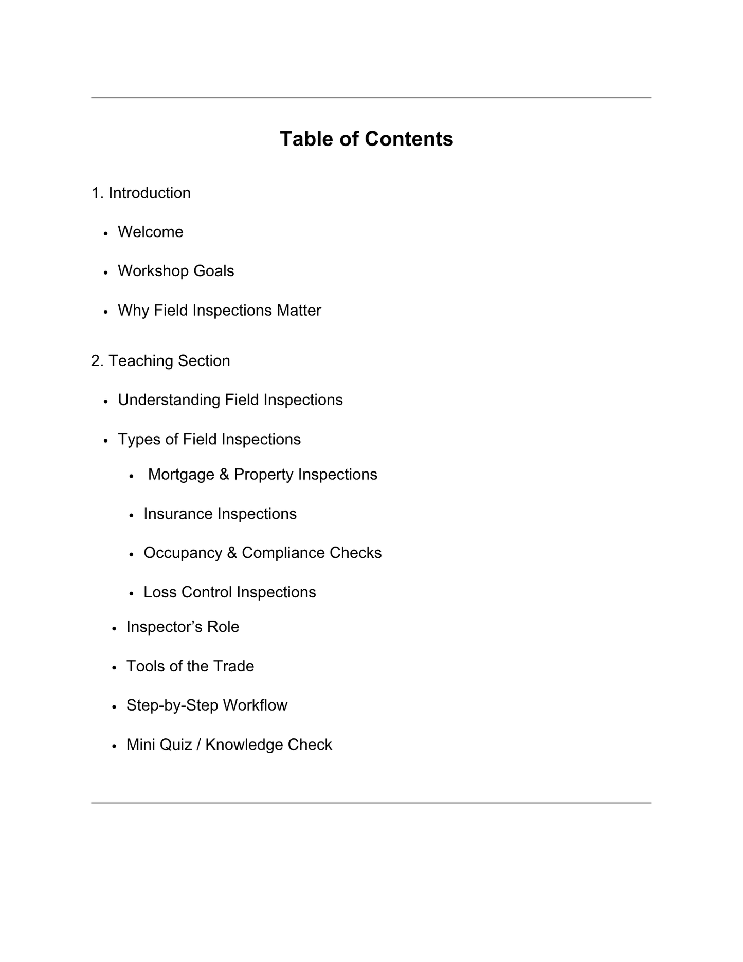 Table of contents for a document on field inspections with headings and subheadings.