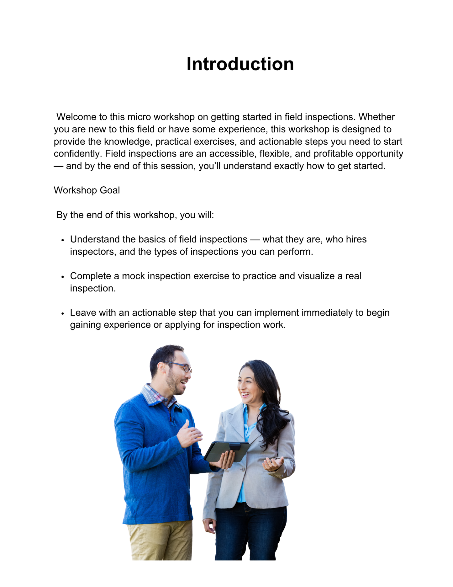 Introduction slide for a workshop on field inspections with text and a small image of two people.