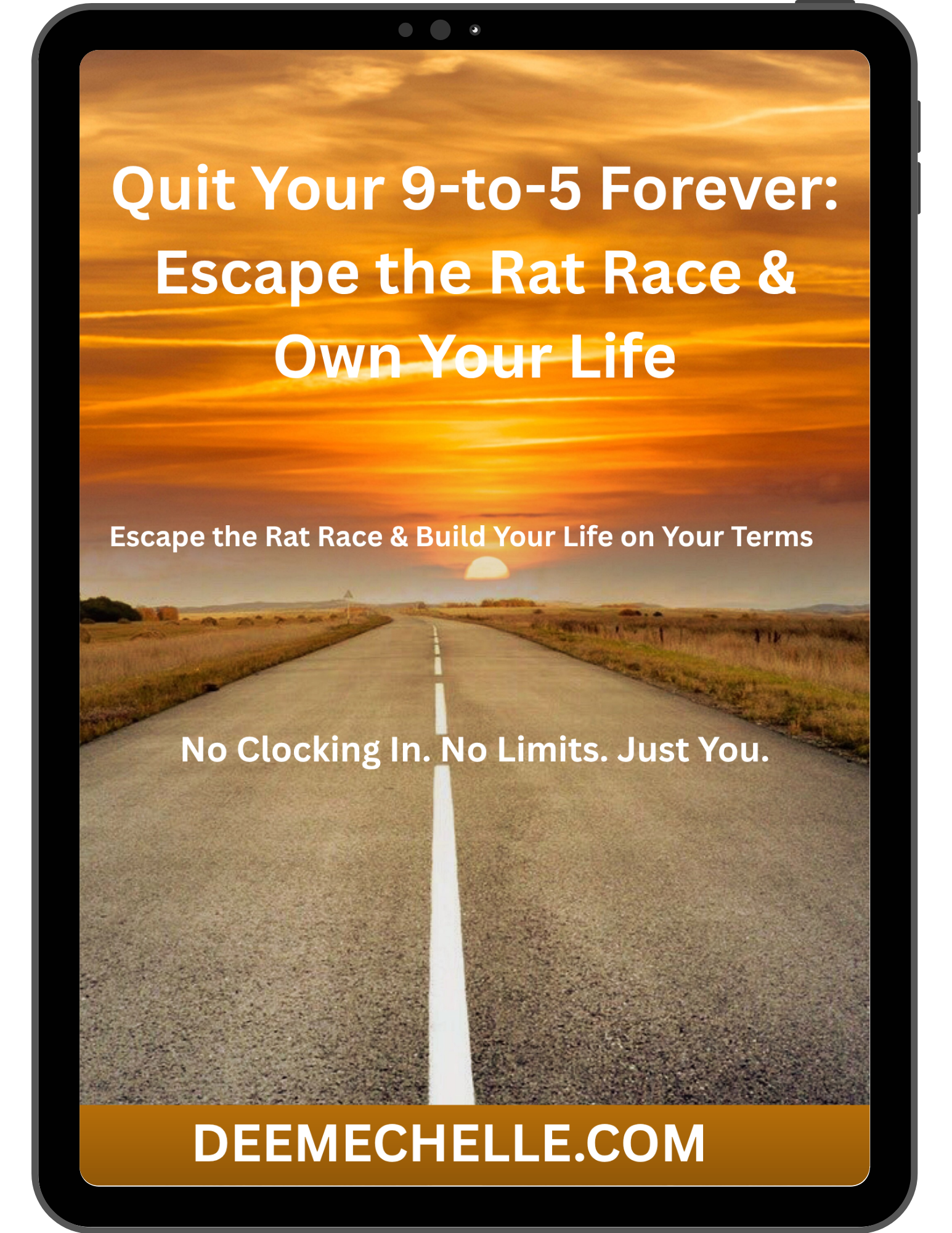 Digital book cover with a road leading to a sunset, text about quitting a 9-to-5 job, and a website URL.
