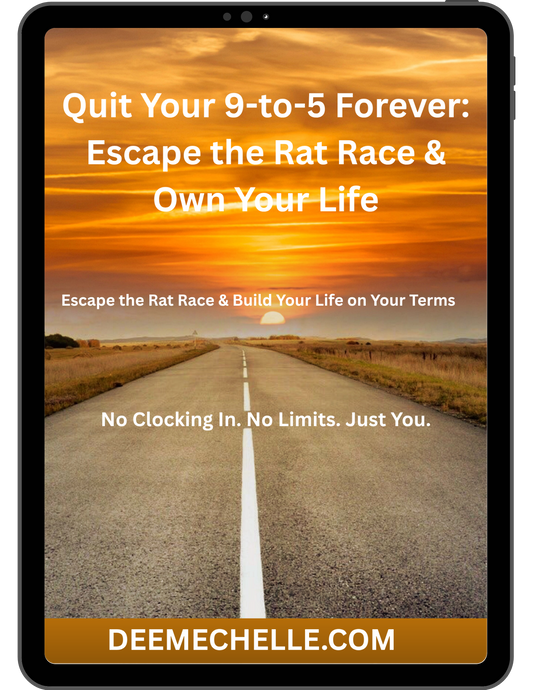 Digital book cover with a road leading to a sunset, text about quitting a 9-to-5 job, and a website URL.