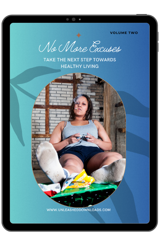 Cover of 'No More Excuses Volume 2: Exercise & Fitness Guide Download', featuring an image of a woman sitting on a bench, smiling, with a book and a fitness mat beside her.