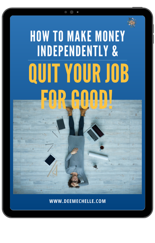 Promotional image for a book titled 'How to Make Money Independently & Quit Your Job for Good!' depicting a person lying on the floor with a laptop, surrounded by text and symbols indicating freedom and financial independence.