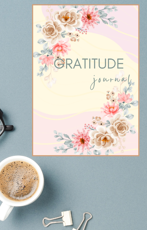 A digital cover of the Gratitude Journal featuring a floral design with the title 'GRATITUDE journal' prominently displayed at the top. The image has a soft, pastel color palette.