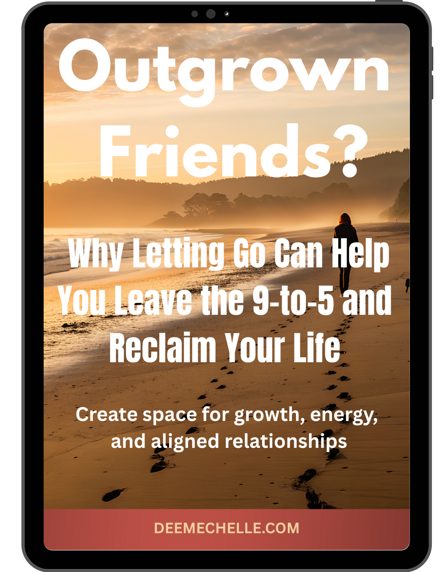 Tablet displaying a book cover with a beach scene and text about letting go and reclaiming life.