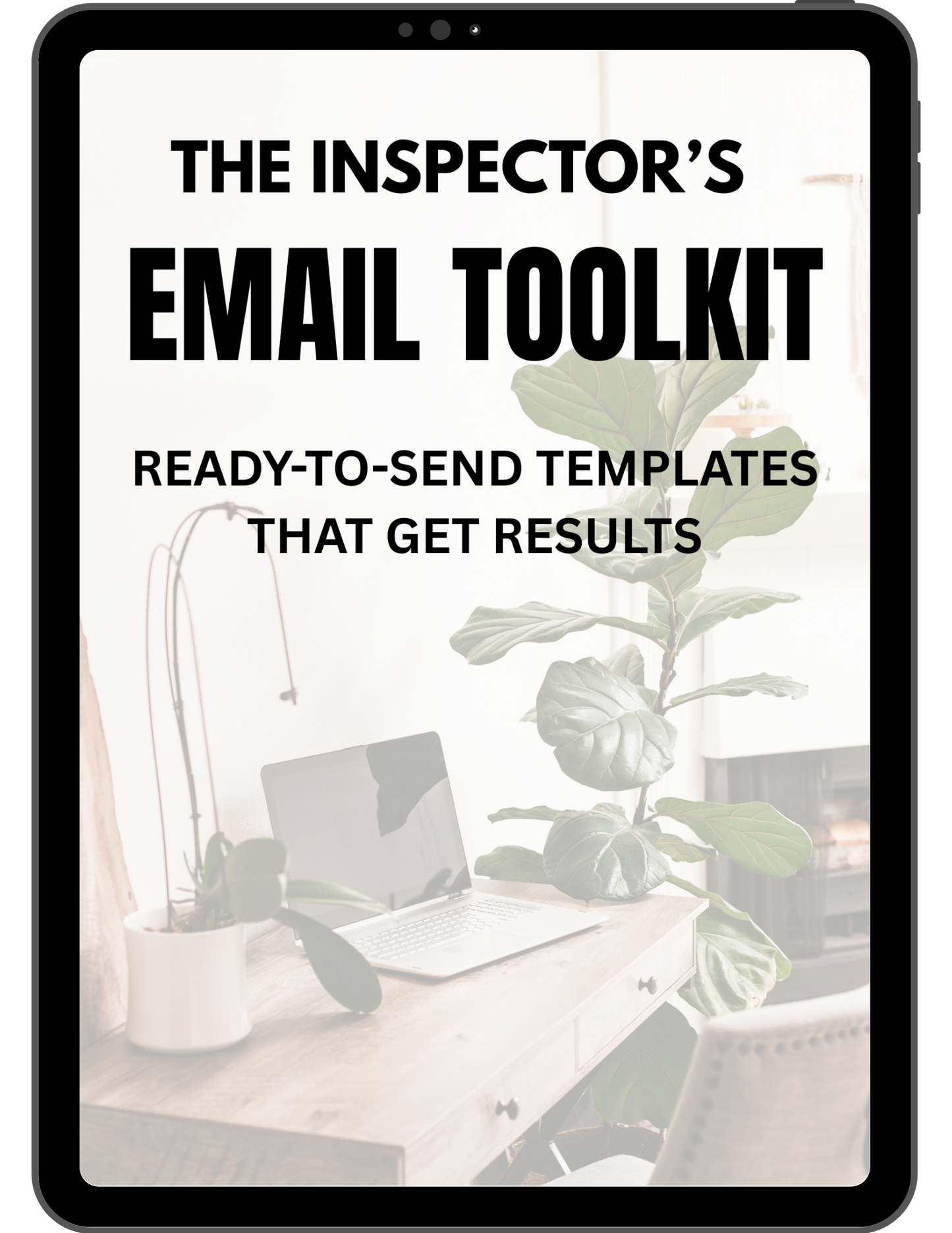 iPad displaying 'The Inspector's Email Toolkit' with a blurred office background