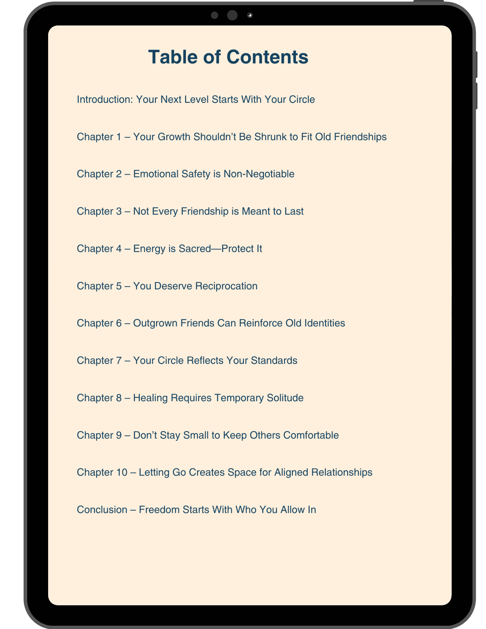 Table of contents on a tablet screen with a beige background