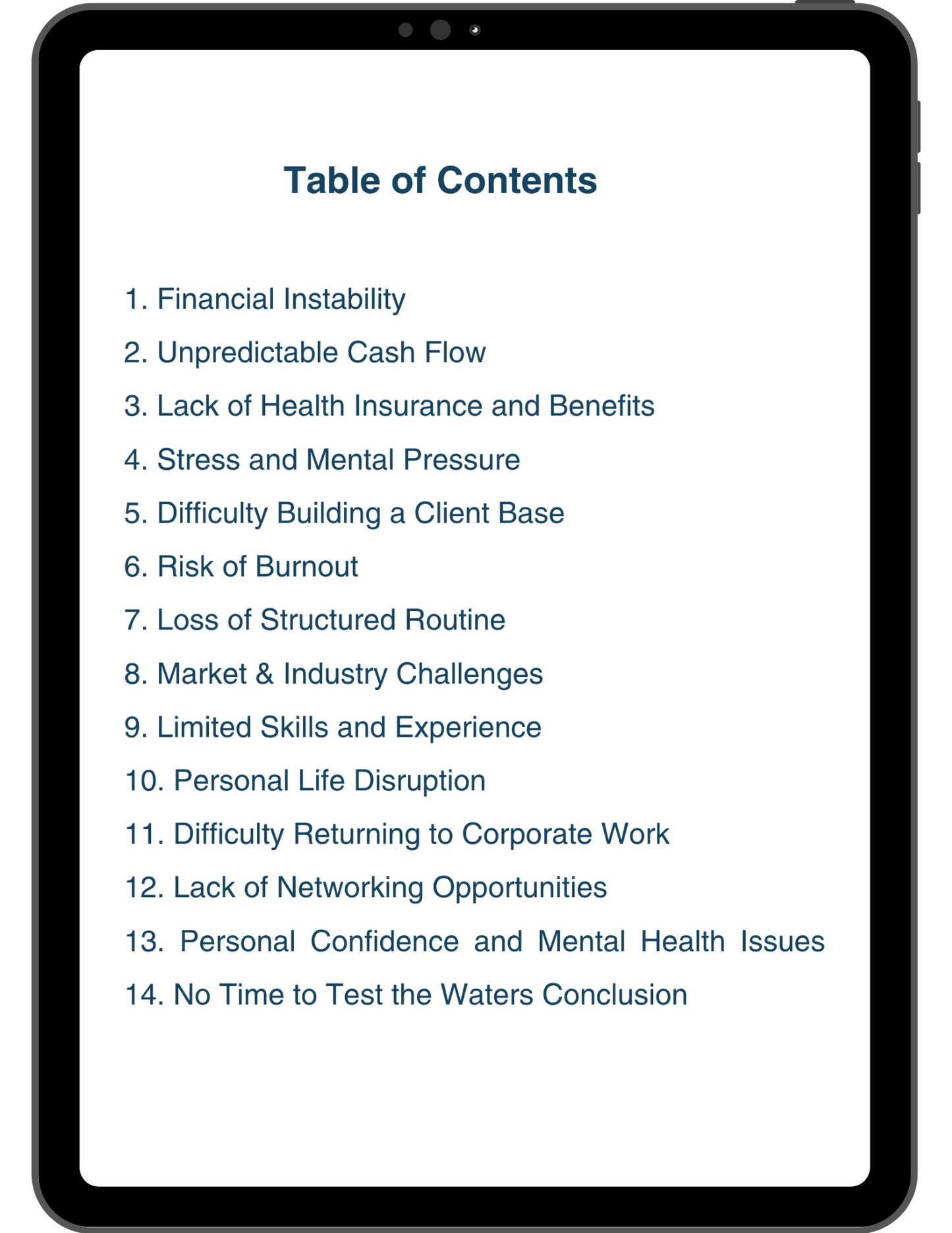 Table of contents on a tablet screen with a black border.