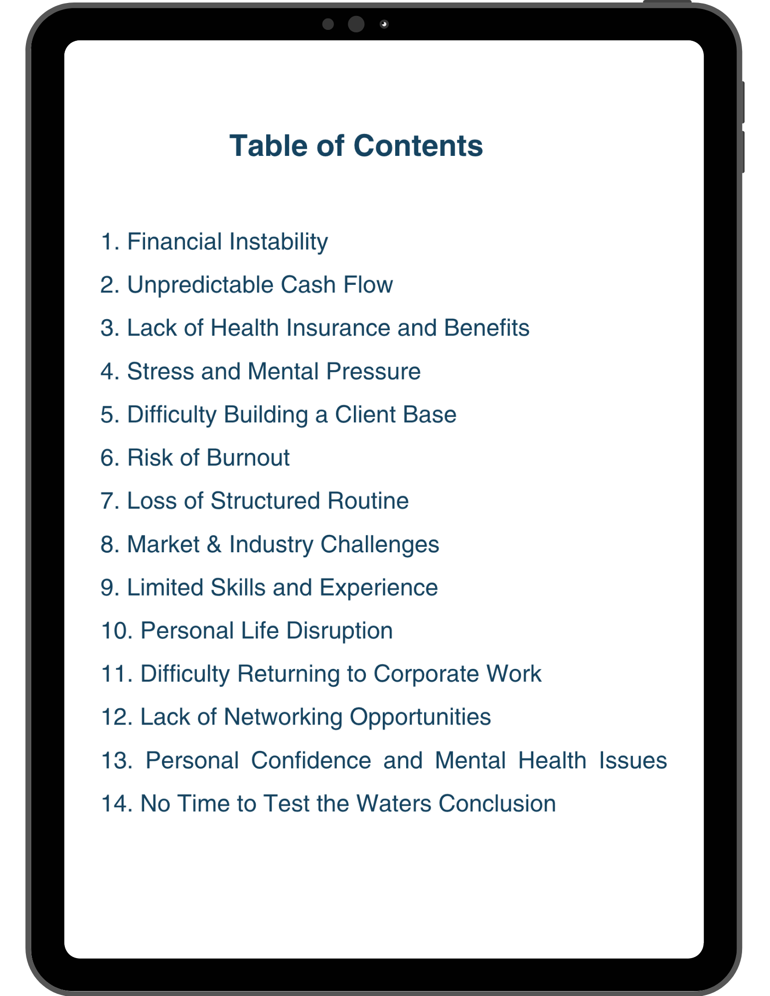 Table of contents on a tablet screen with a black border.