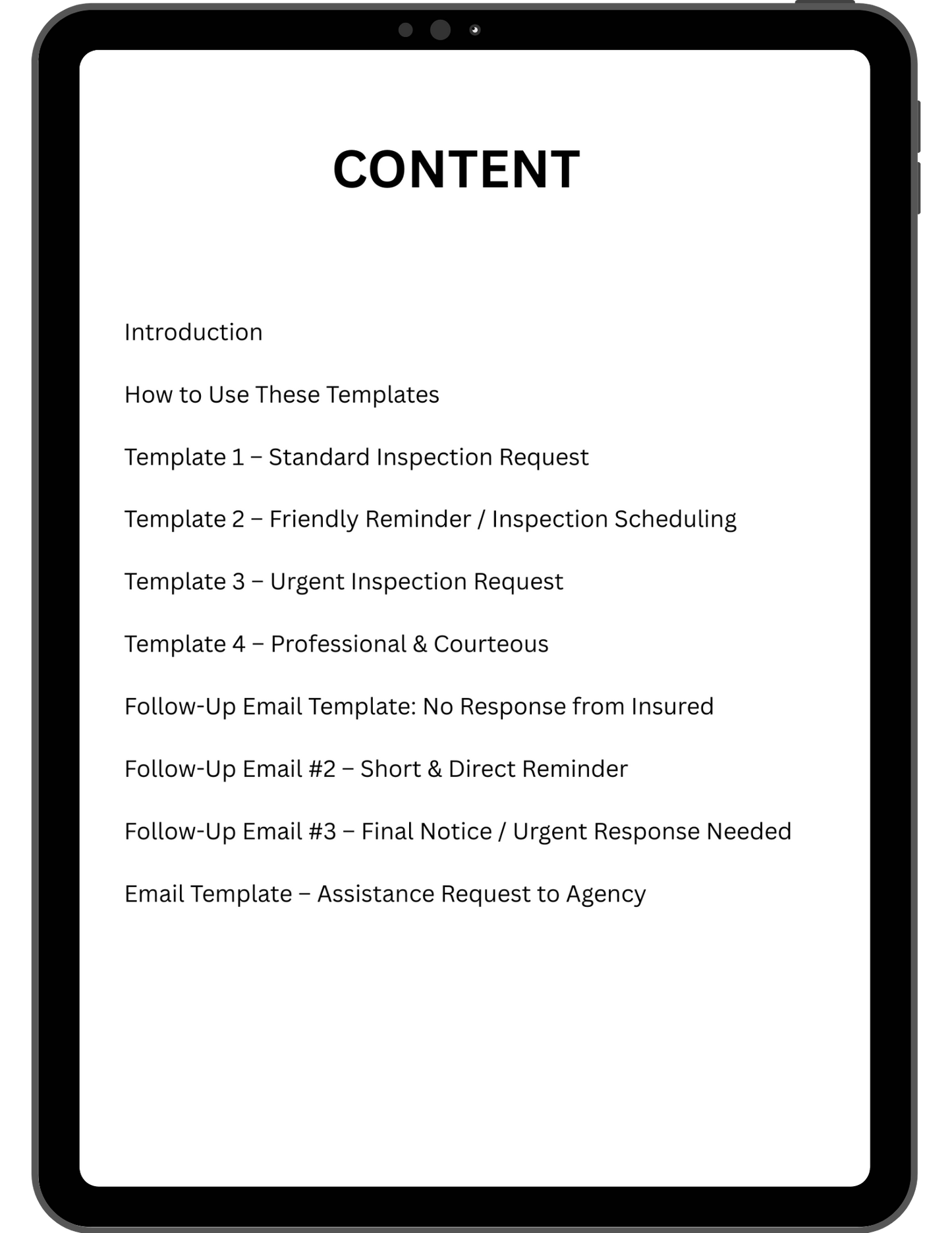 Tablet displaying a list of content templates for field inspection emails on a white background