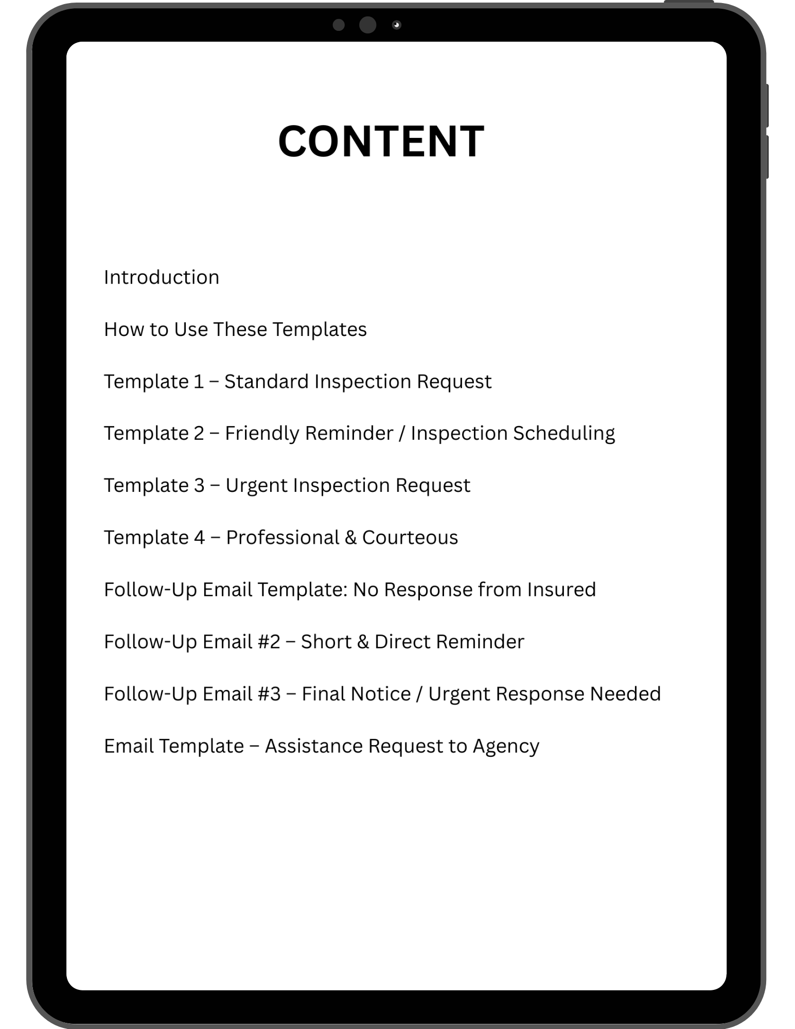 Tablet displaying a list of content templates for field inspection emails on a white background
