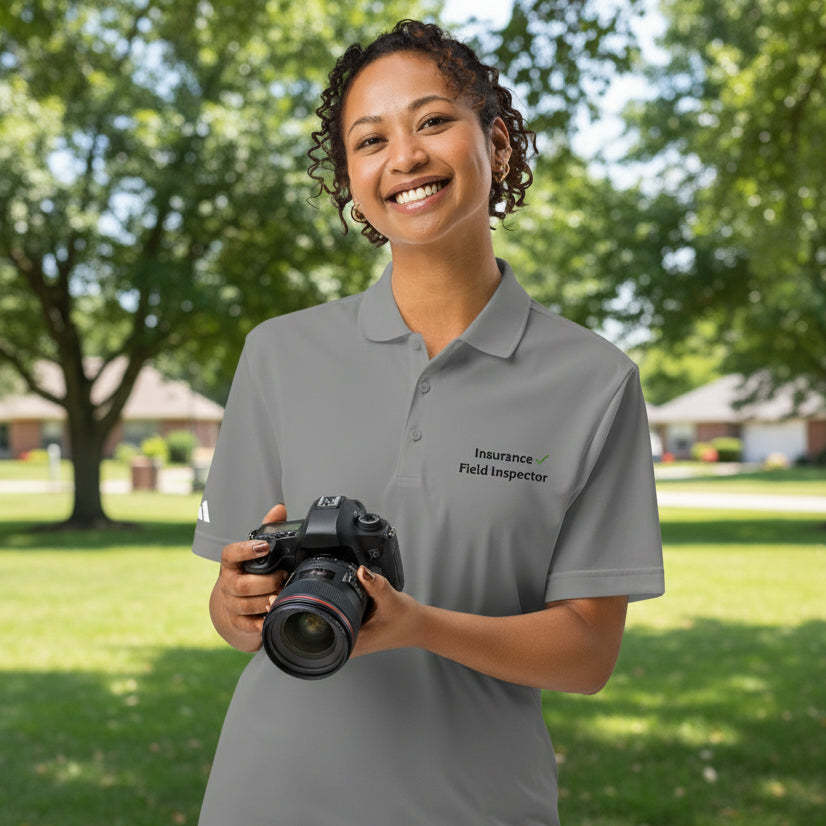 Grey Three Adidas field inspector polo shirt designed for professional insurance and property inspections.