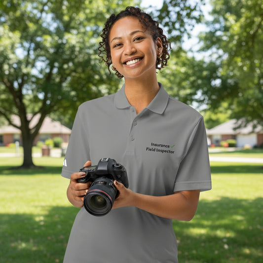 Grey Three Adidas field inspector polo shirt designed for professional insurance and property inspections.