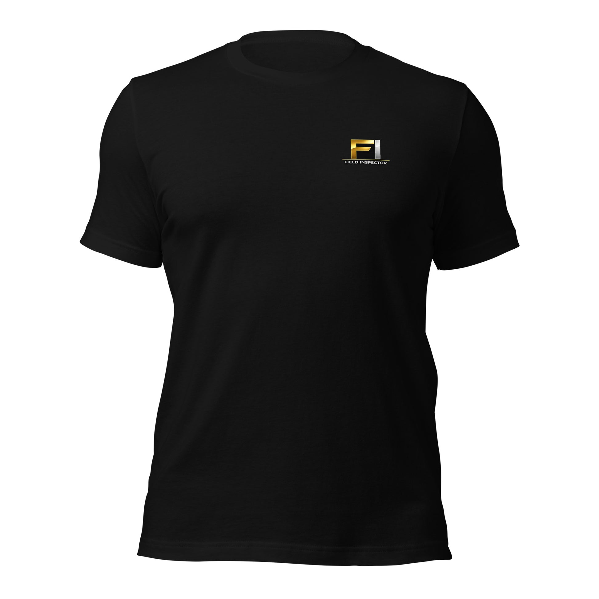 Black Unisex FI Field Inspector Bella + Canvas 3001 shirt laying flat with FI field inspector logo.