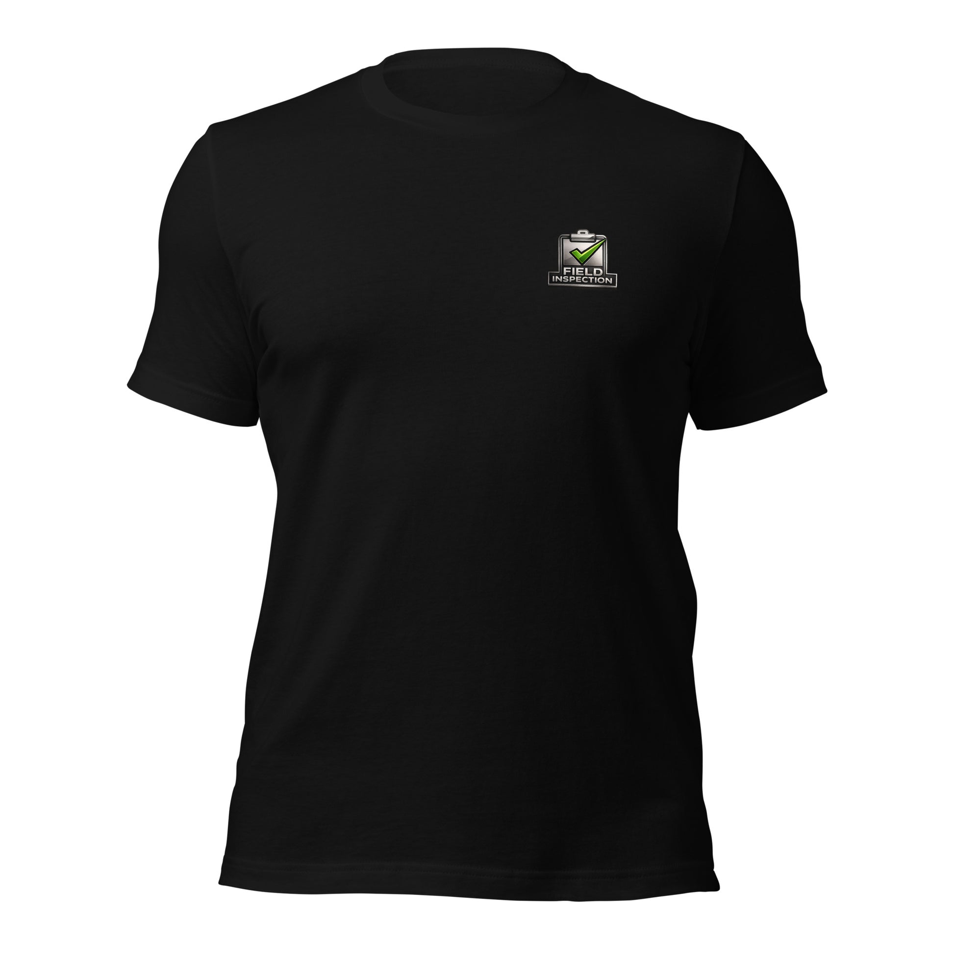 Black Unisex Field Inspection Work Tee Bella + Canvas 3001 shirt laying flat with field inspector logo.