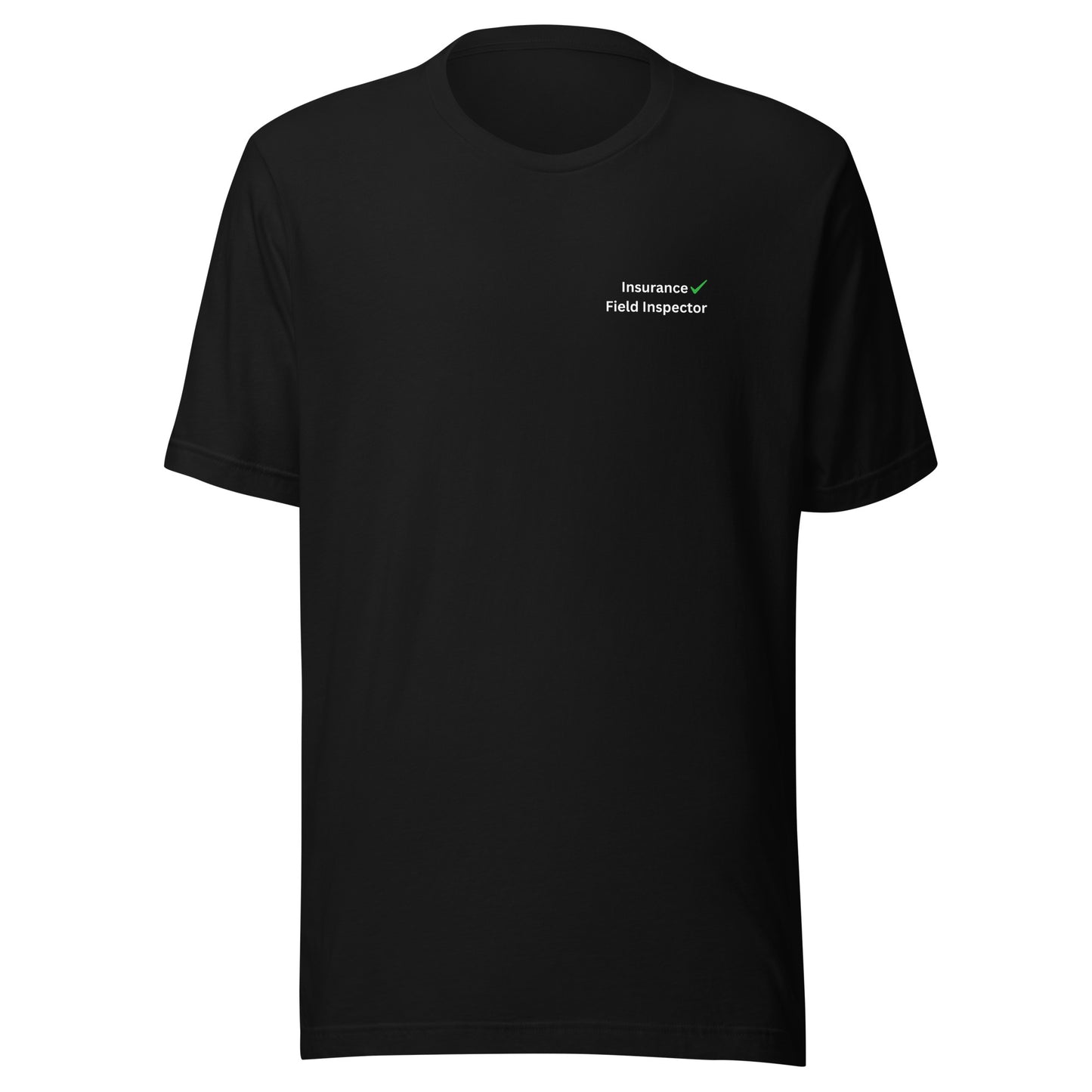 Black Unisex Insurance Field Inspector Bella + Canvas 3001 shirt laying flat with green checkmark logo.