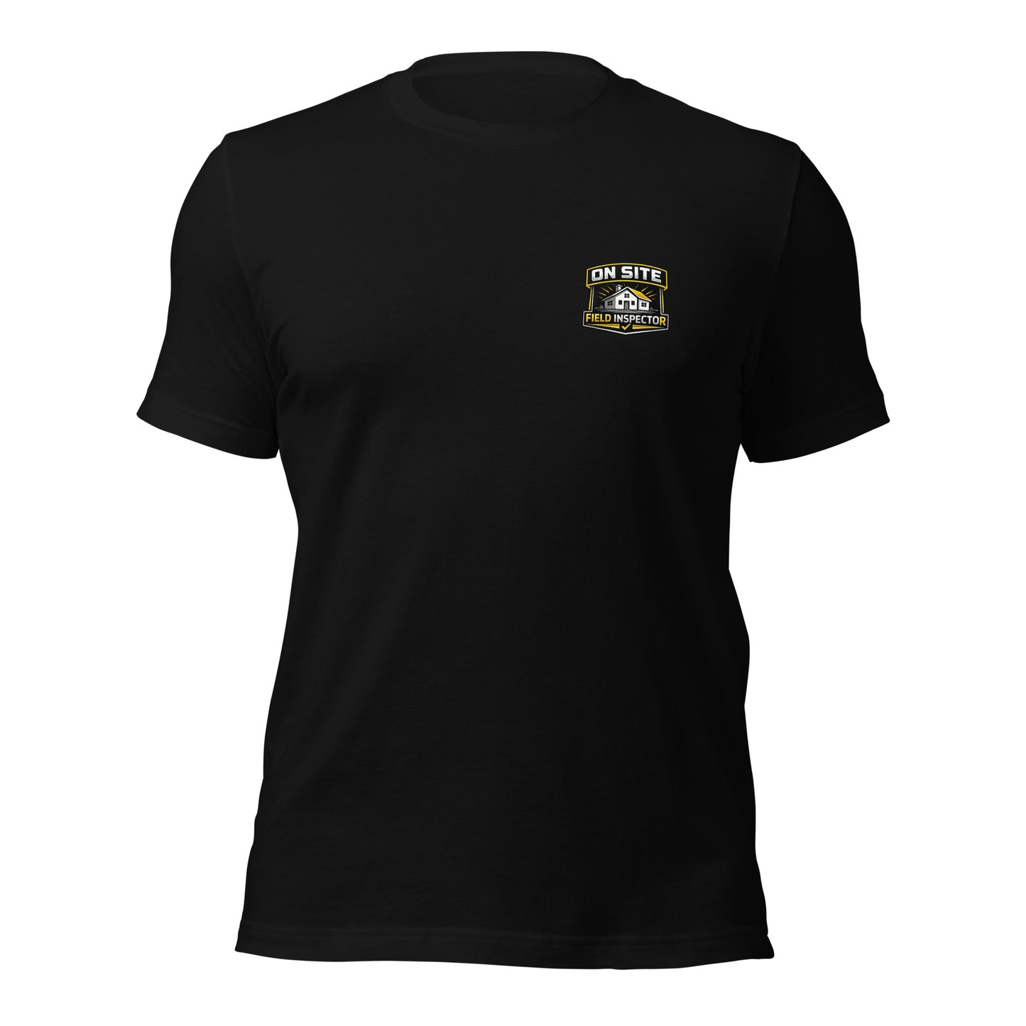 Black Unisex On Site Field Inspector Bella + Canvas 3001 shirt laying flat with field inspector logo.