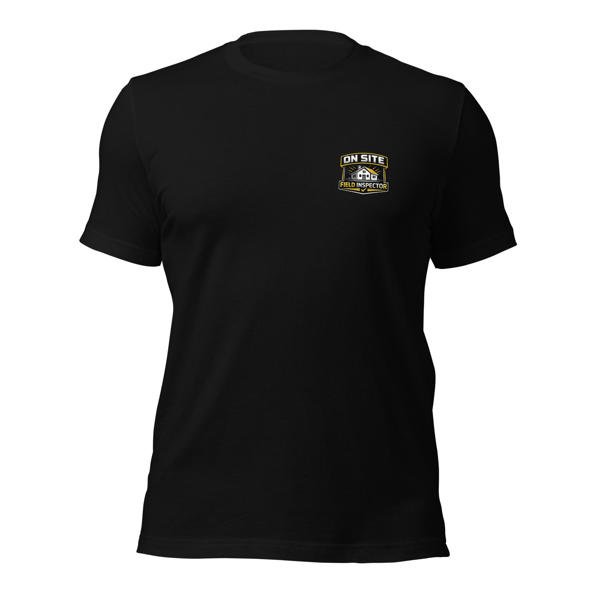 Black Unisex On Site Field Inspector Bella + Canvas 3001 shirt laying flat with field inspector logo.