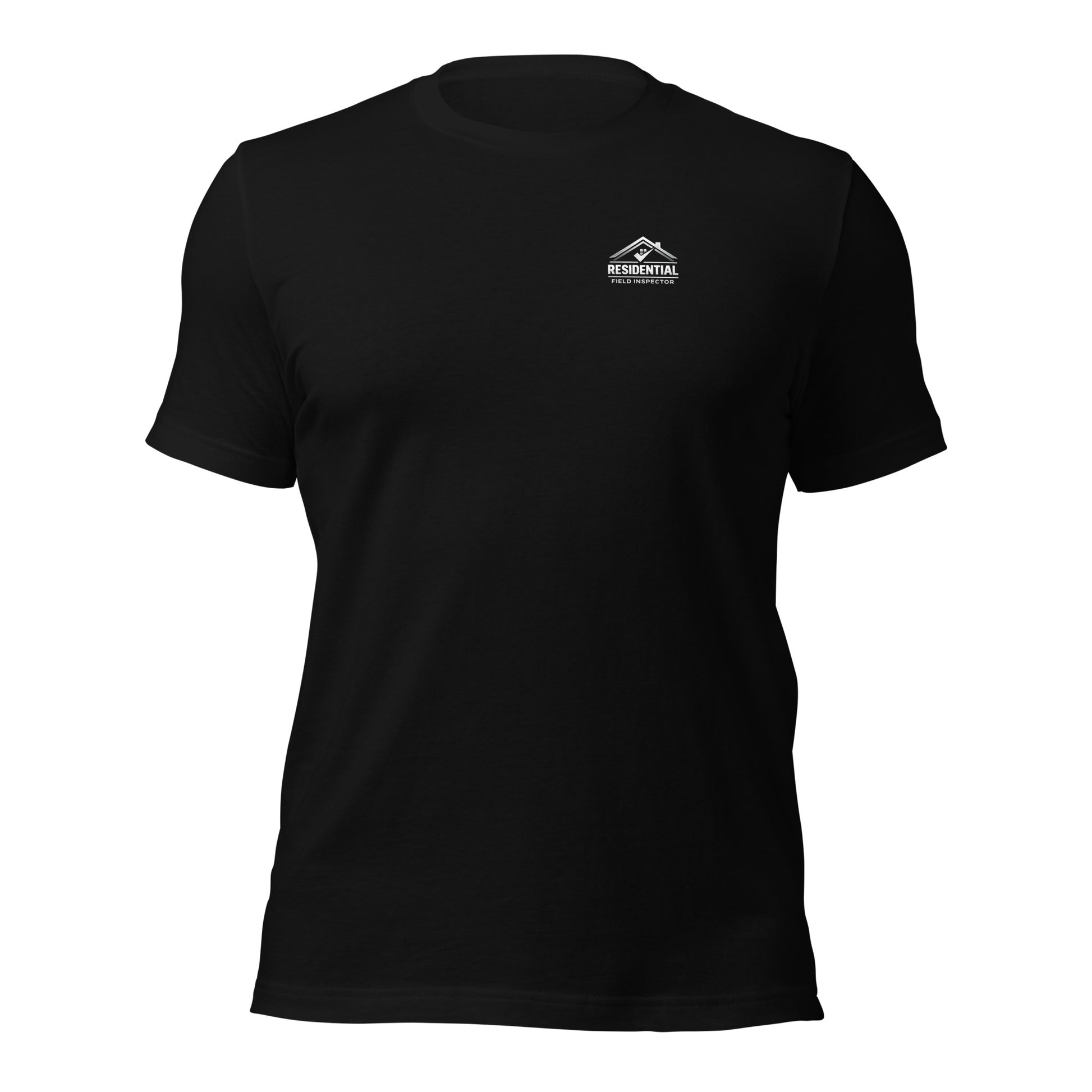 Black Unisex Residential Field Inspector Bella + Canvas 3001 shirt laying flat with professional inspector logo.