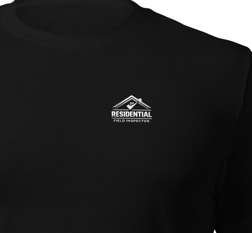 Black tee shirt with a white logo and text on the chest