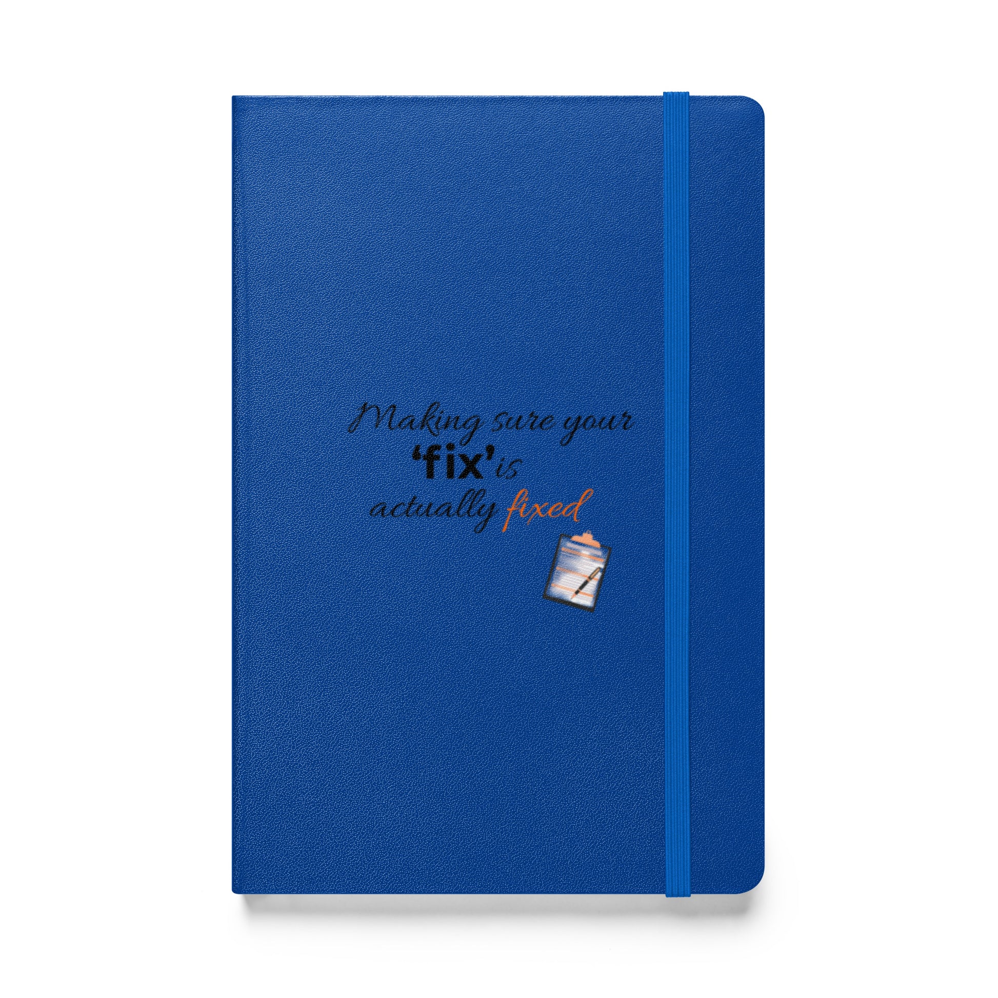 Blue hardcover Field Inspector notebook featuring the phrase “Making Sure Your ‘Fix’ Is Actually Fixed” displayed from the front cover.