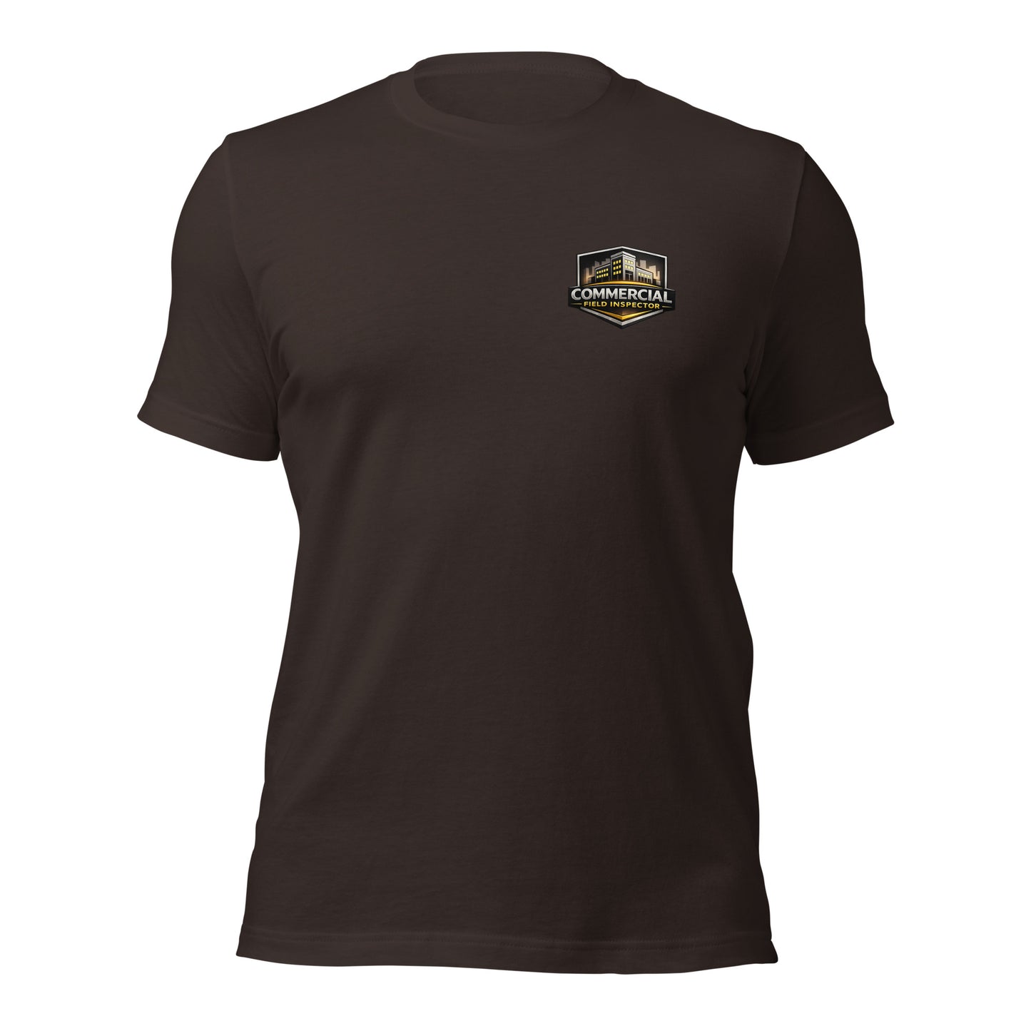 Brown Unisex Commercial Field Inspector Bella + Canvas 3001 shirt laying flat with professional commercial inspector logo.