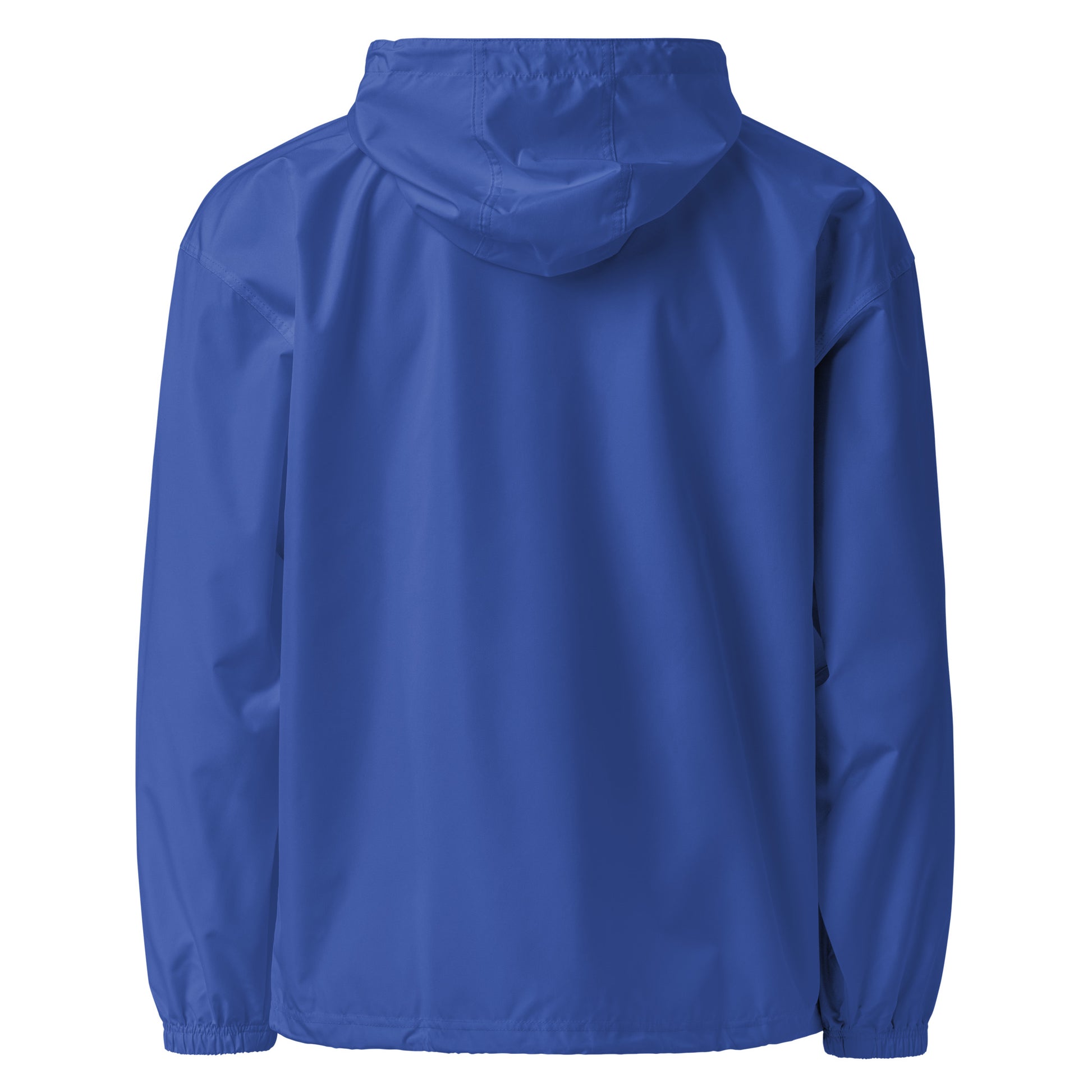 Back view of blue Champion packable work jacket with hood