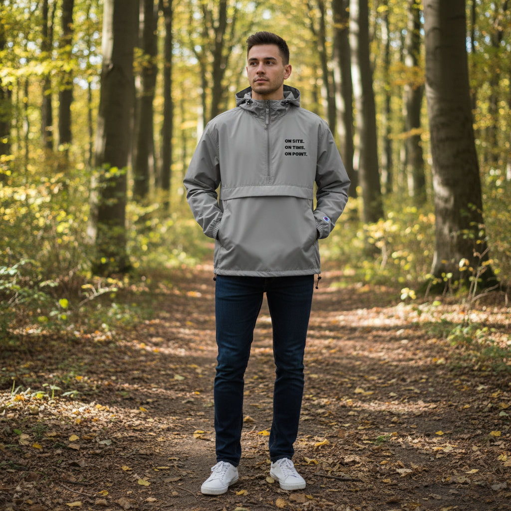 Graphite Champion packable work jacket embroidered with On Site On Time On Point