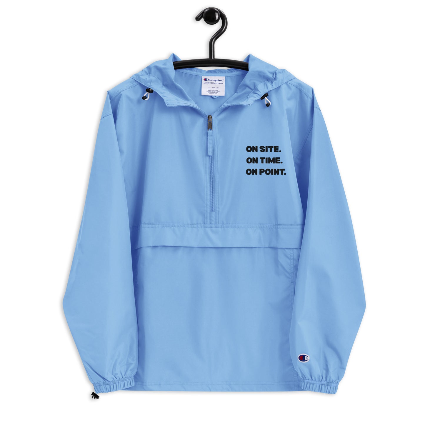Light blue Champion packable work jacket embroidered with On Site On Time On Point