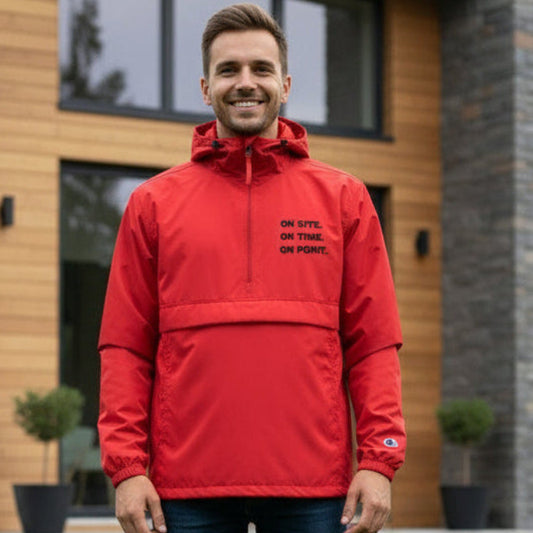 Red Champion packable work jacket embroidered with On Site On Time On Point