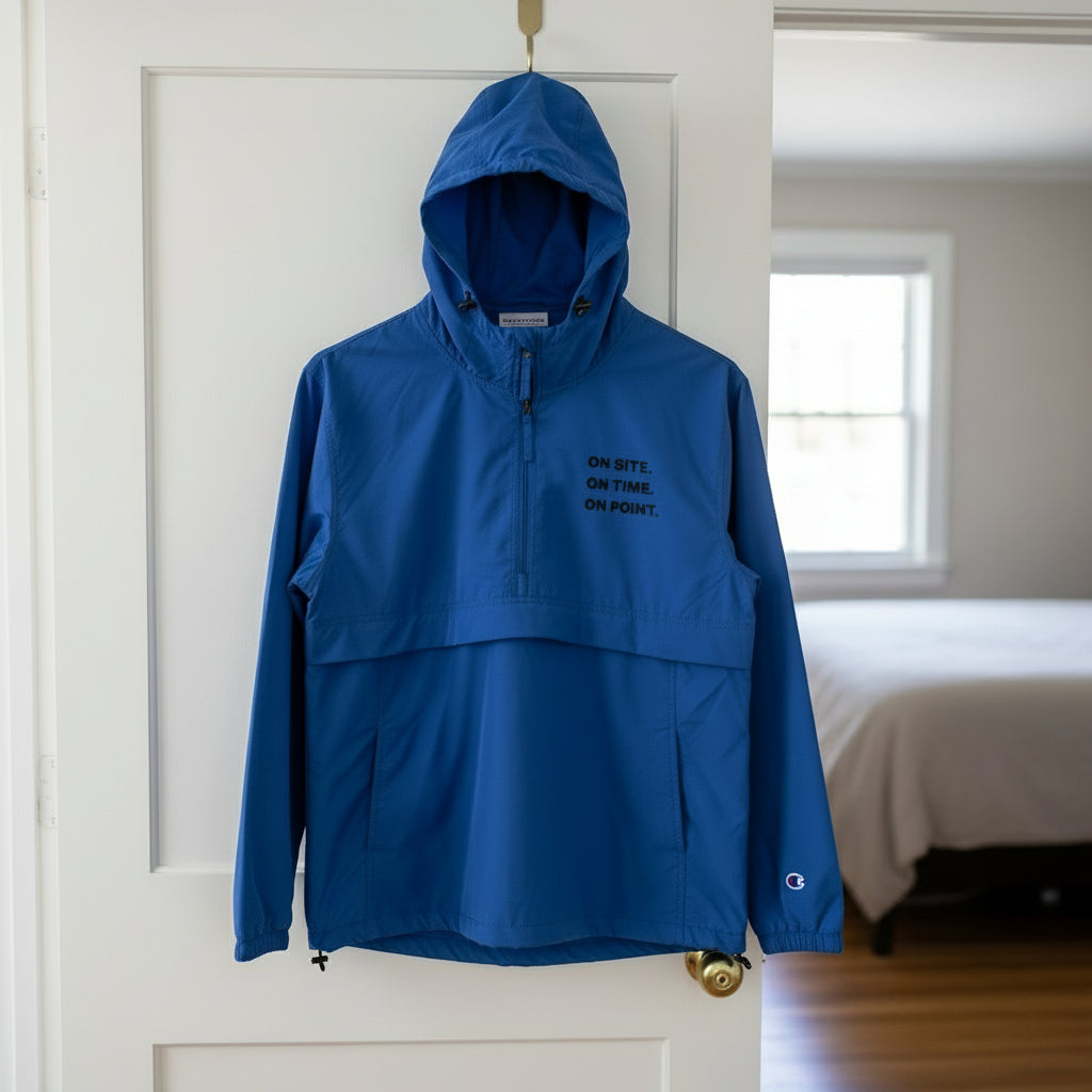 Royal blue Champion packable work jacket embroidered with On Site On Time On Point