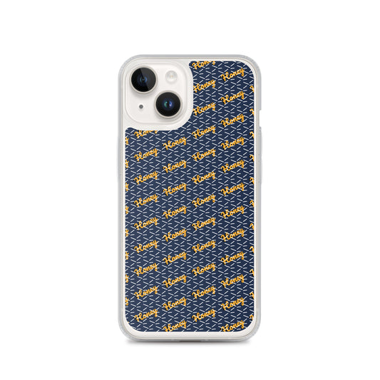 Blue iPhone cover with ‘Honey’ word pattern, polycarbonate and TPU