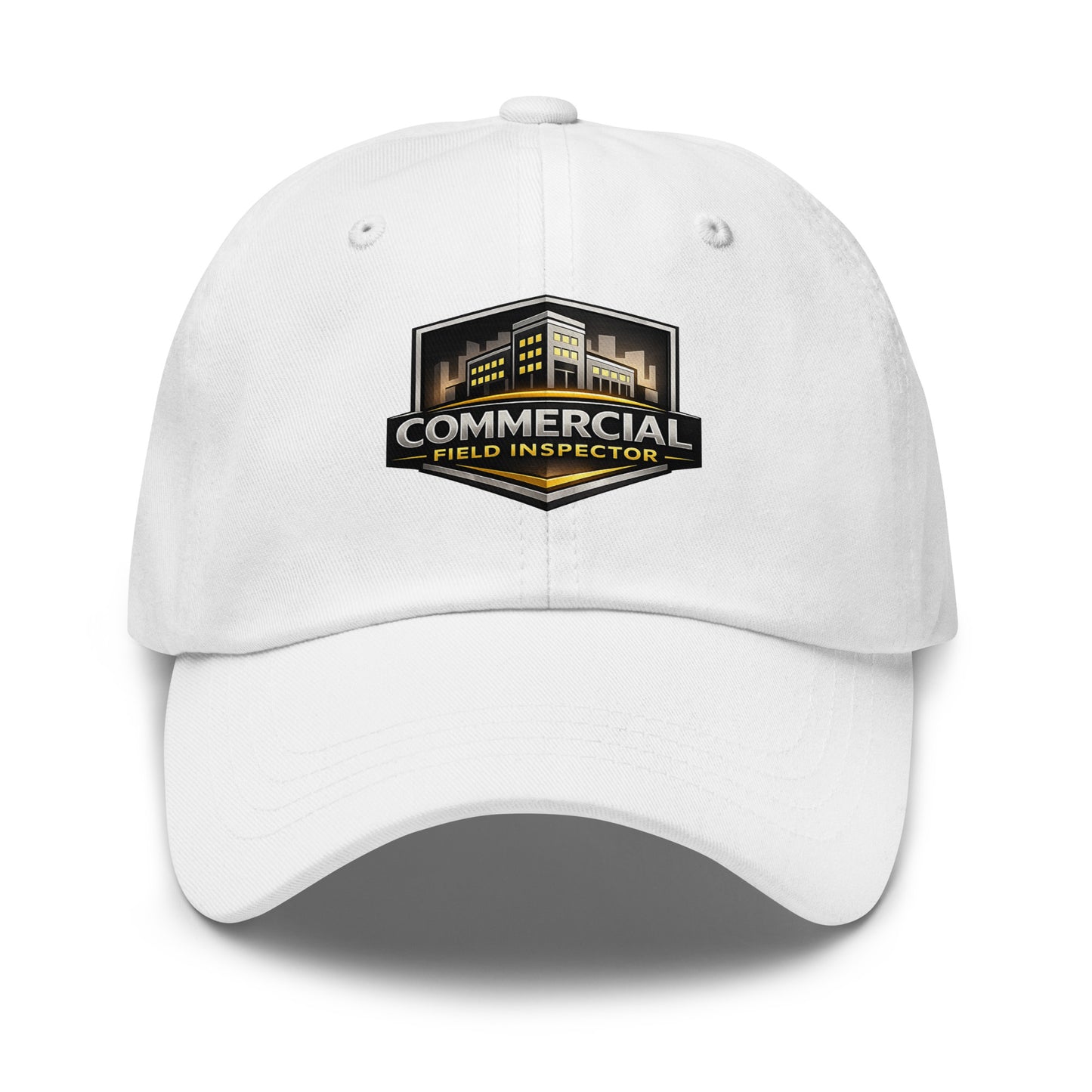 Commercial Field Inspector dad hat in white featuring embroidered field inspection design on front