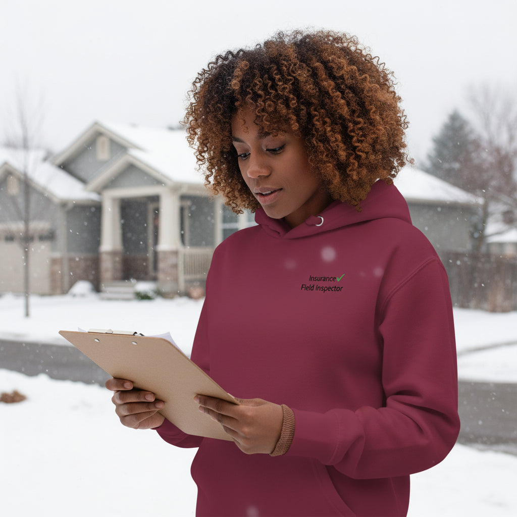 Person wearing field inspector hoodie while working outdoors.
