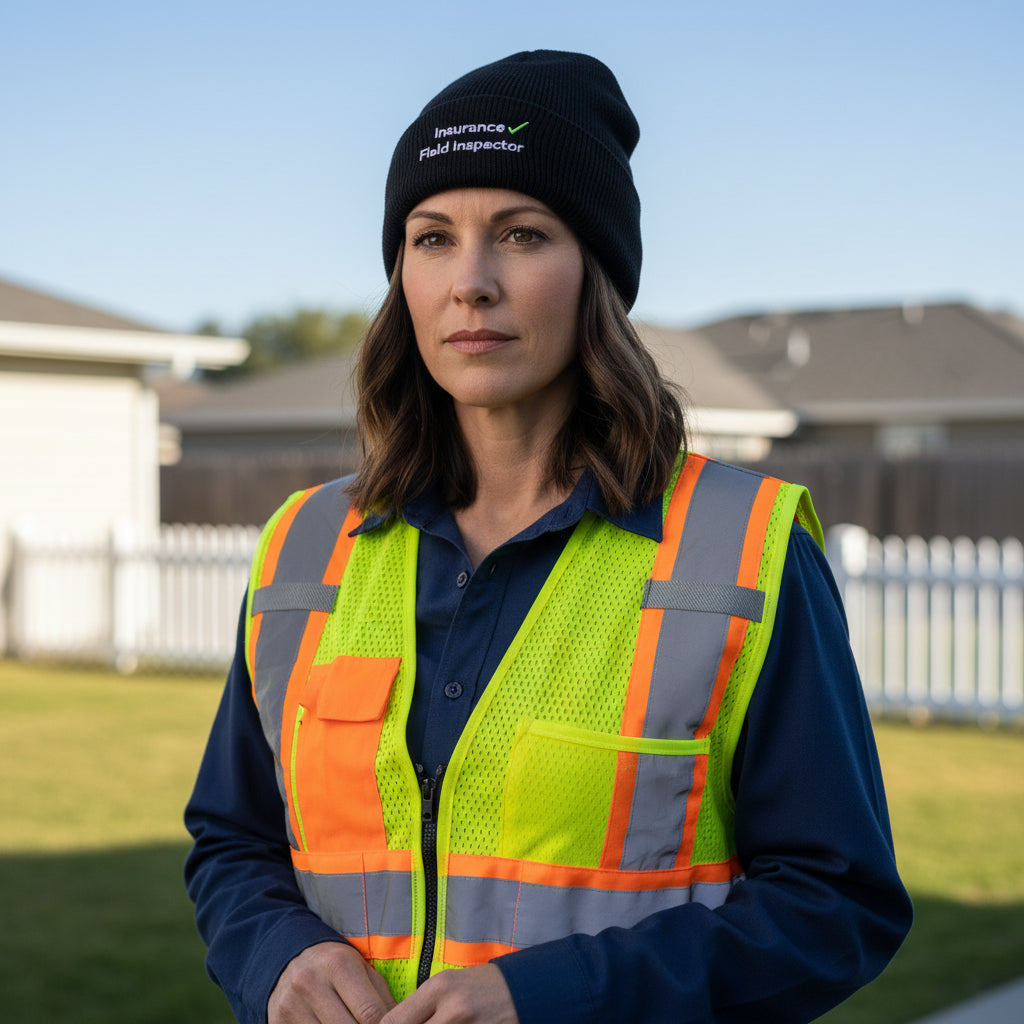 Woman in standing in yard wearing a beanie with the words Insurance Field Inspector embroidered on the front. 