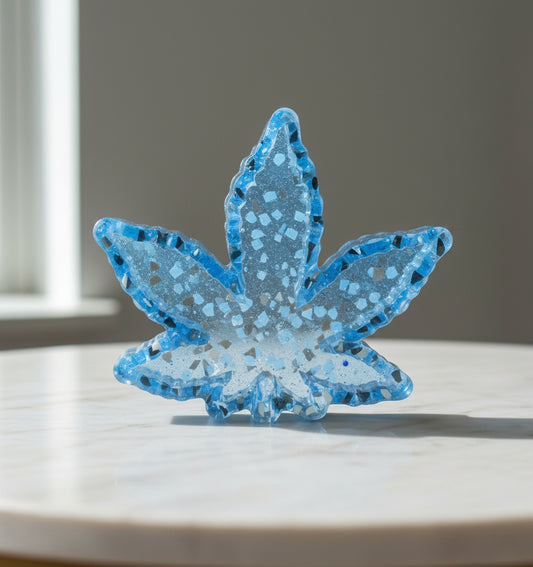 Blue and clear handmade leaf-shaped resin ashtray made from epoxy