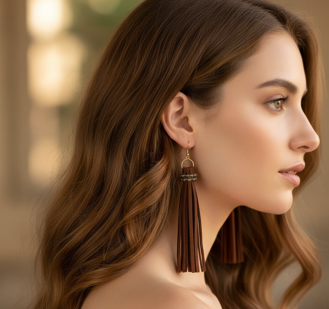 Woman wearing handmade long chestnut faux leather tassel earrings with crystal bead accents