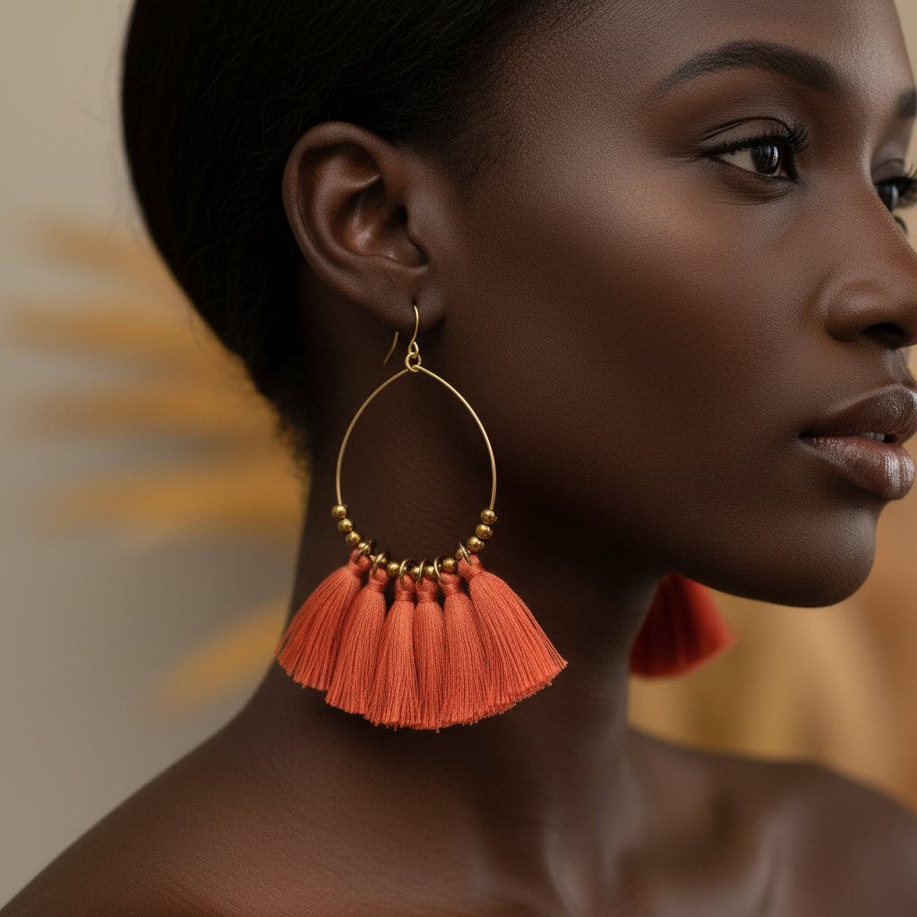 Handmade gold tassel hoop earrings with copper wire and golden seed beads