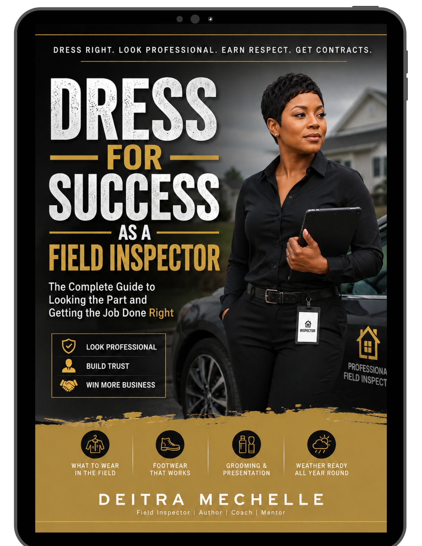 Professional ebook cover for Dress for Success as a Field Inspector featuring a confident Black woman field inspector.